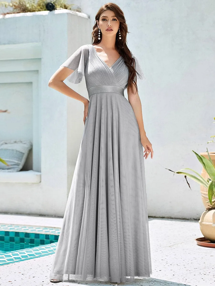 Custom Size Double V-Neck Floor-Length Bridesmaid Dress with Short Sleeve