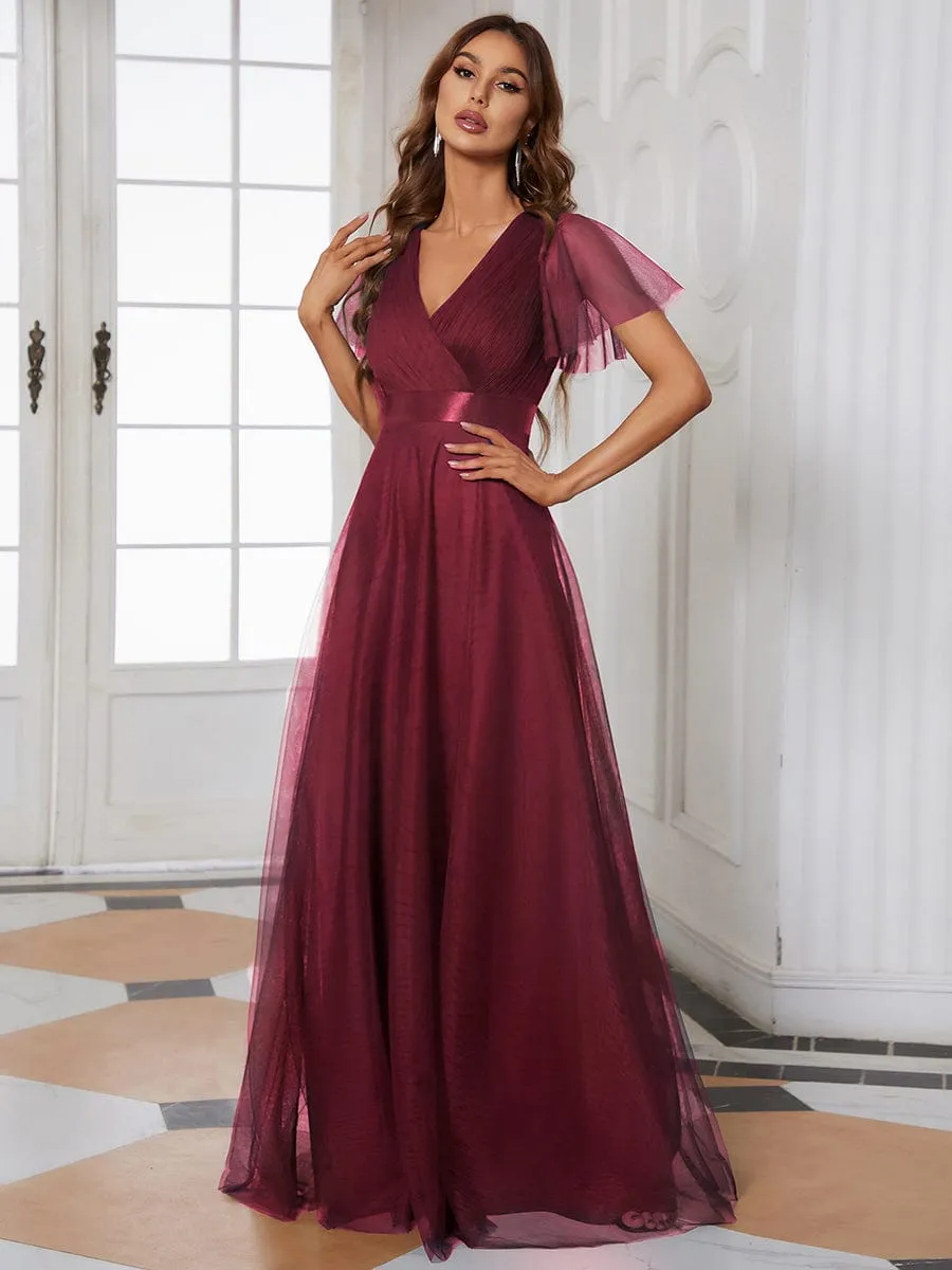Custom Size Double V-Neck Floor-Length Bridesmaid Dress with Short Sleeve