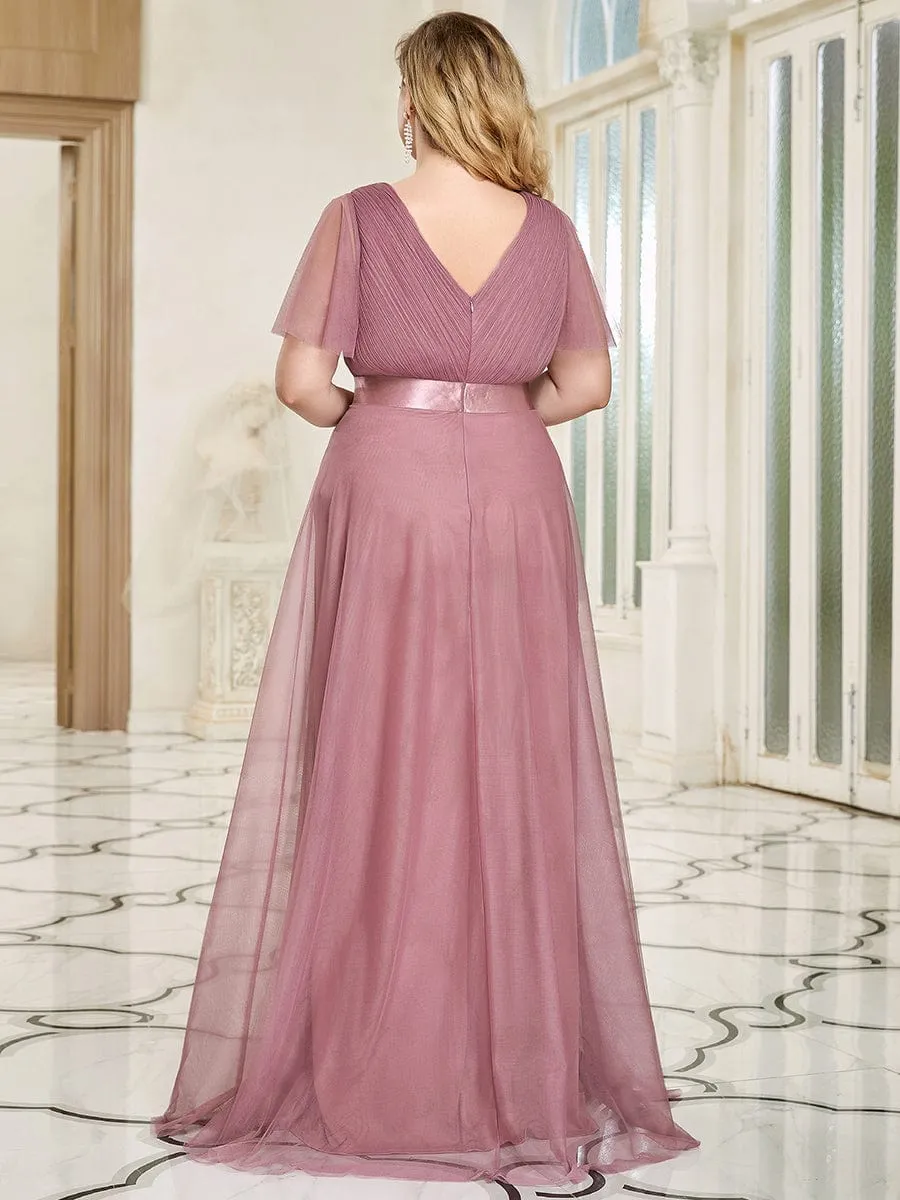 Custom Size Double V-Neck Floor-Length Bridesmaid Dress with Short Sleeve