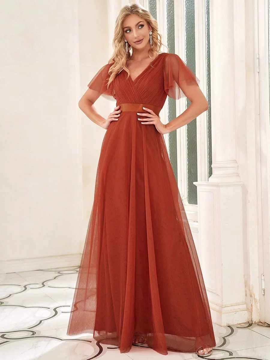 Custom Size Double V-Neck Floor-Length Bridesmaid Dress with Short Sleeve