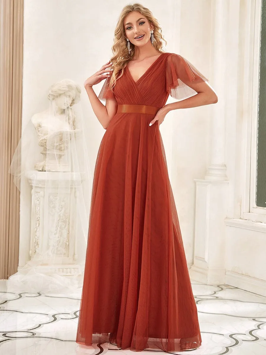 Custom Size Double V-Neck Floor-Length Bridesmaid Dress with Short Sleeve