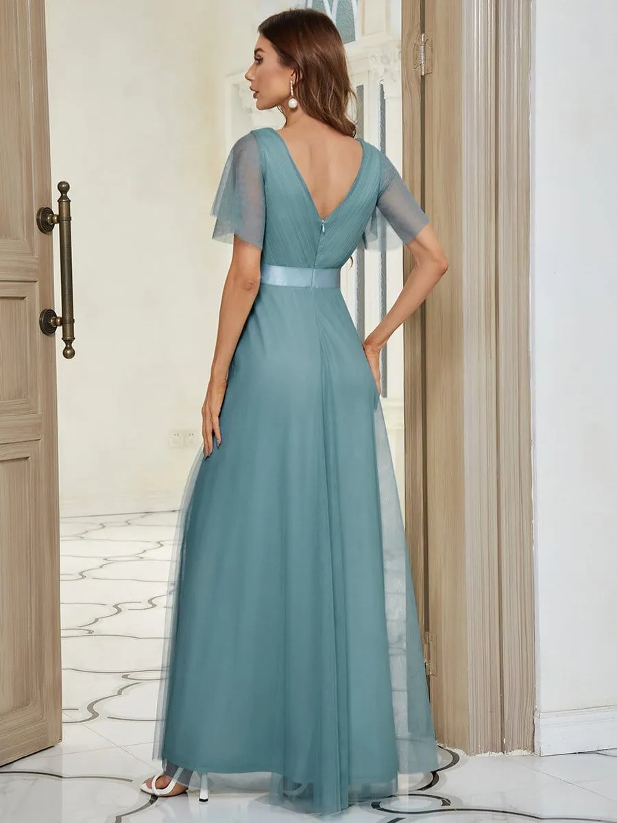 Custom Size Double V-Neck Floor-Length Bridesmaid Dress with Short Sleeve