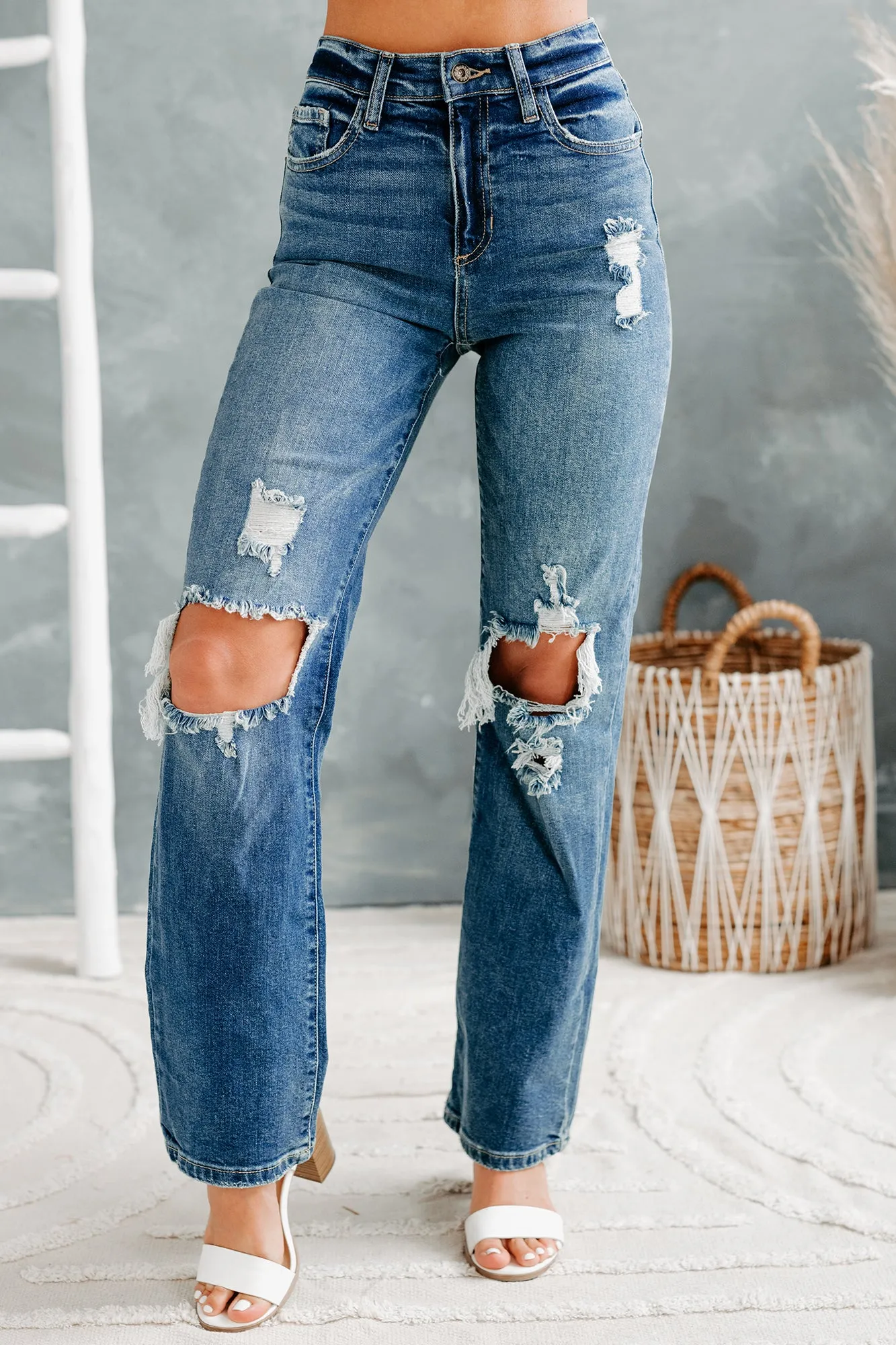 Days Like These High Rise Distressed Knee Straight Leg Sneak Peek Jeans (Medium Dark)