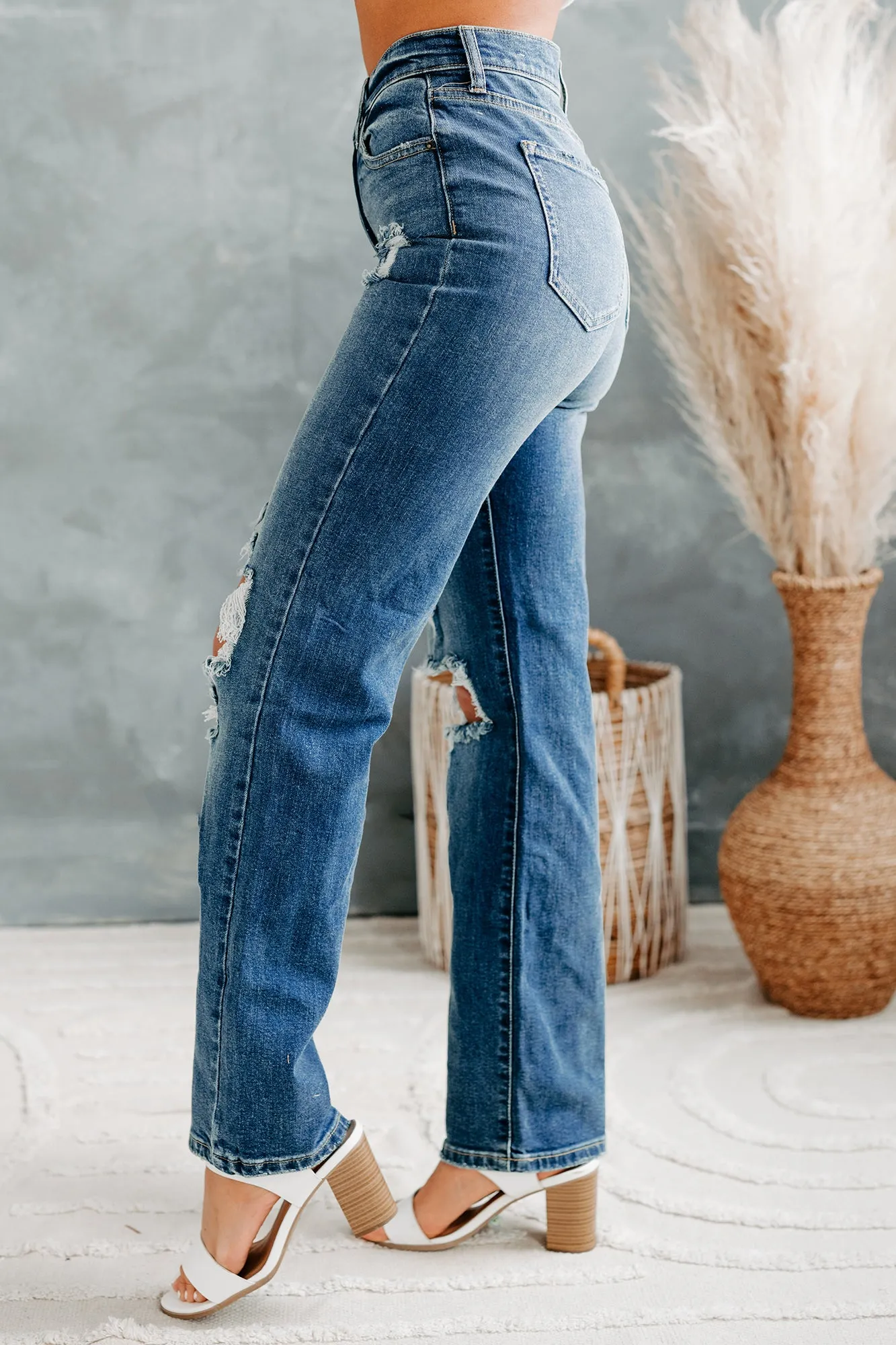 Days Like These High Rise Distressed Knee Straight Leg Sneak Peek Jeans (Medium Dark)