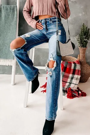 Days Like These High Rise Distressed Knee Straight Leg Sneak Peek Jeans (Medium Dark)