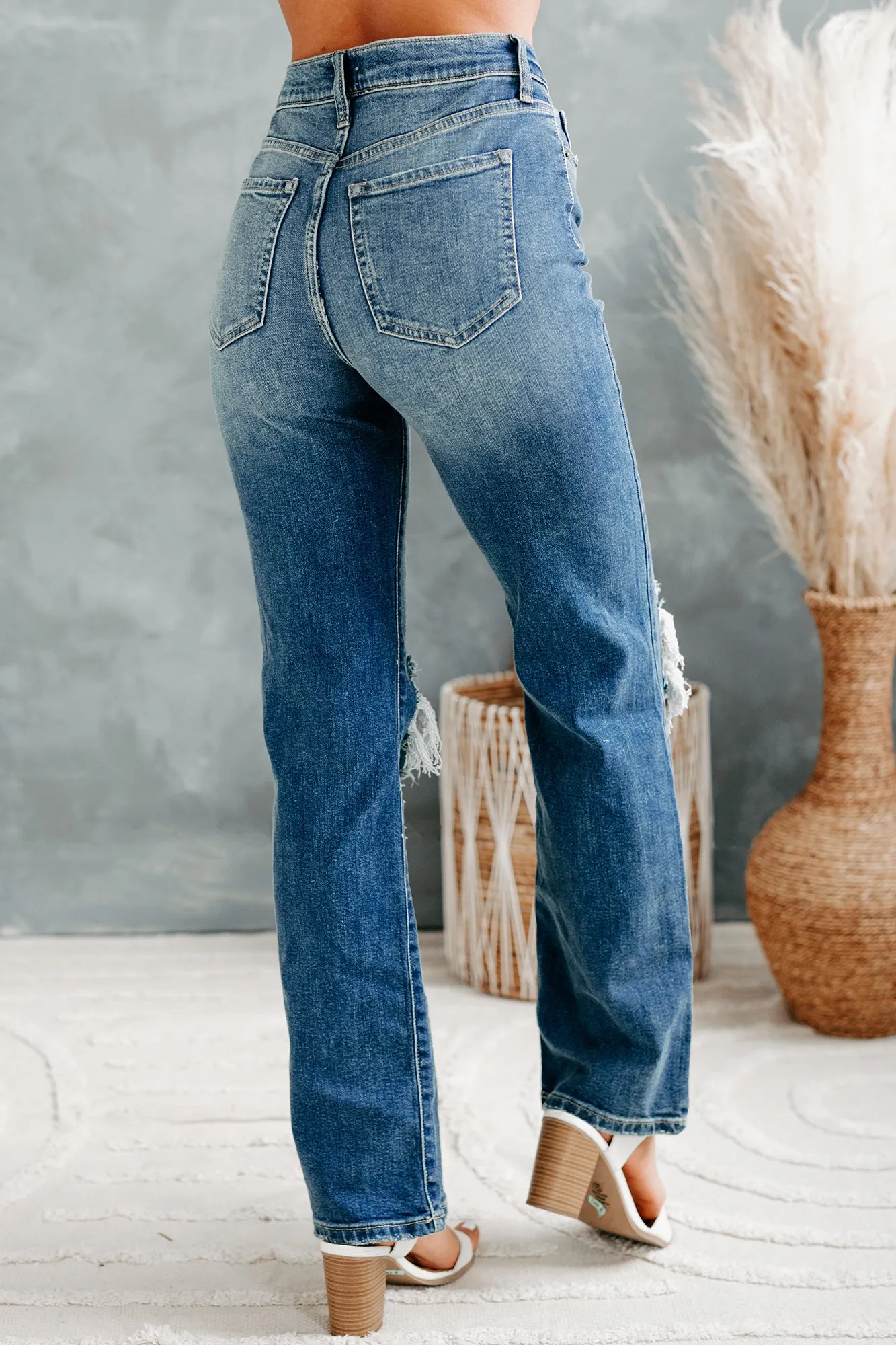Days Like These High Rise Distressed Knee Straight Leg Sneak Peek Jeans (Medium Dark)
