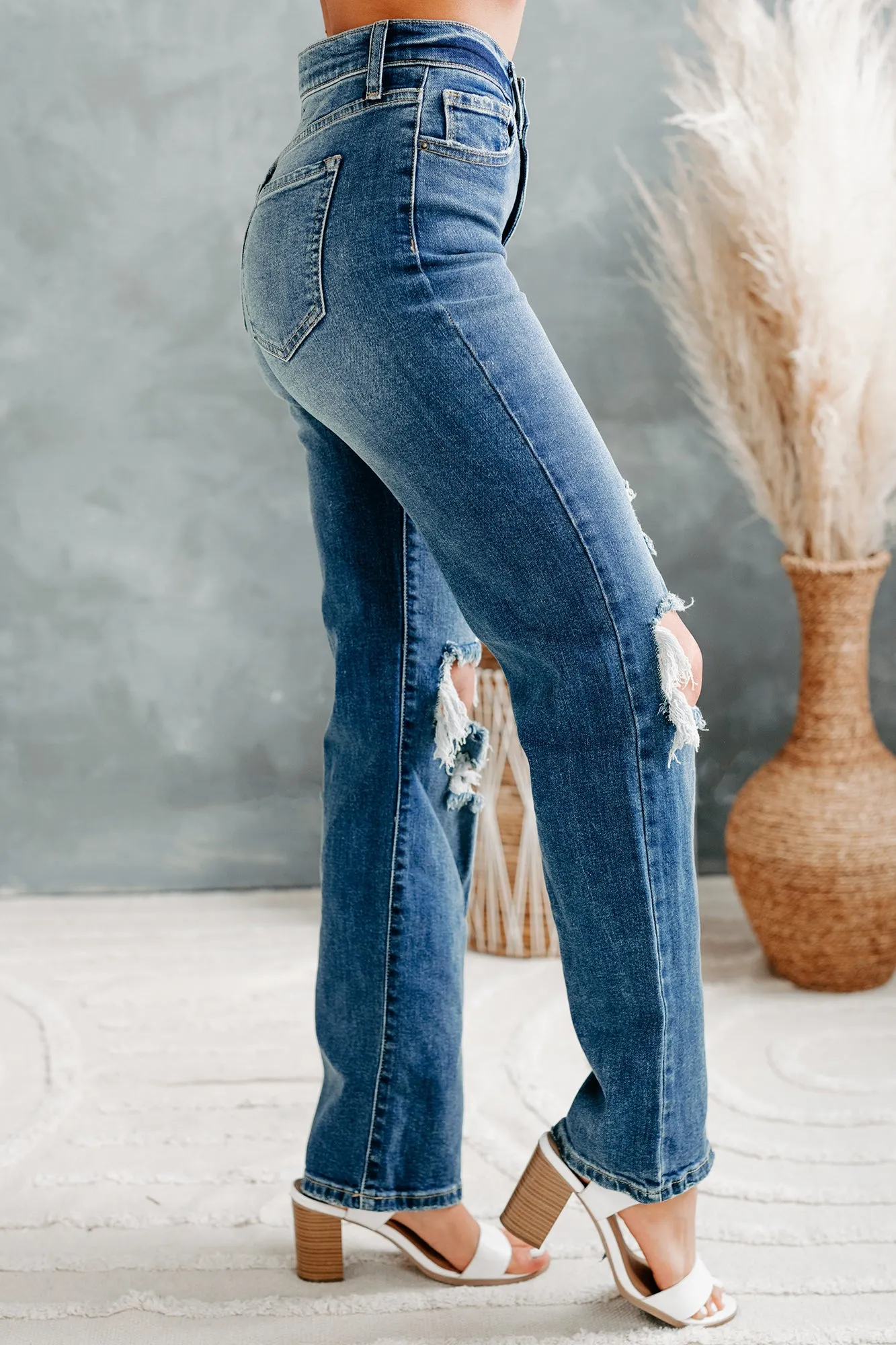 Days Like These High Rise Distressed Knee Straight Leg Sneak Peek Jeans (Medium Dark)