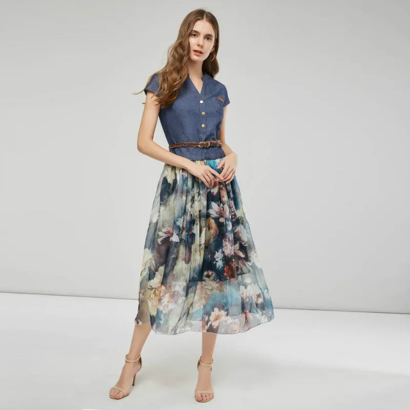 Denim Patchwork Mesh Midi Dress