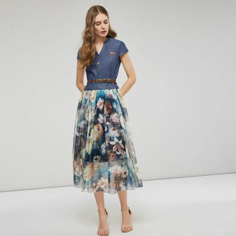 Denim Patchwork Mesh Midi Dress