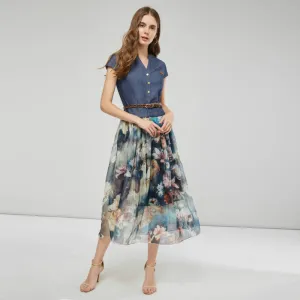 Denim Patchwork Mesh Midi Dress