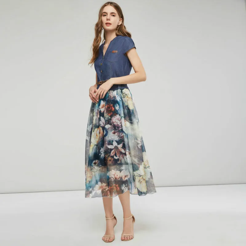 Denim Patchwork Mesh Midi Dress