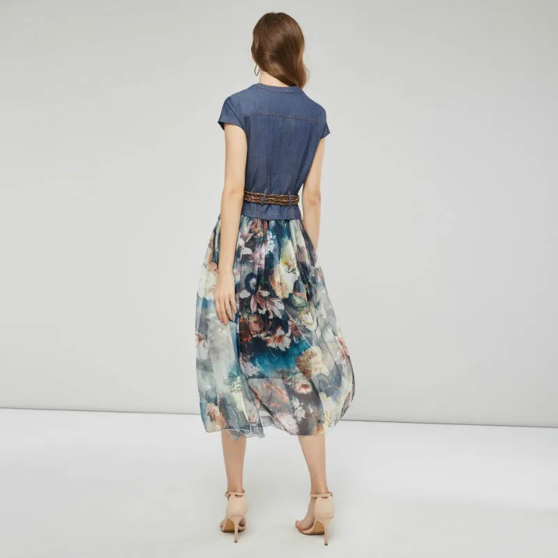 Denim Patchwork Mesh Midi Dress