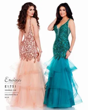 Envious Couture E1751 Size 4 Mermaid Prom Dress Embellished V Neckline Ruffle Tulle Skirt 1751