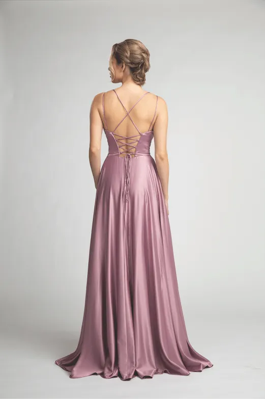 Fiesta Fashions 5102 Stunning Slit Leg Pleated V Neck Dress With Pockets