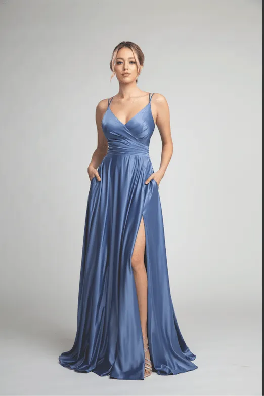 Fiesta Fashions 5102 Stunning Slit Leg Pleated V Neck Dress With Pockets