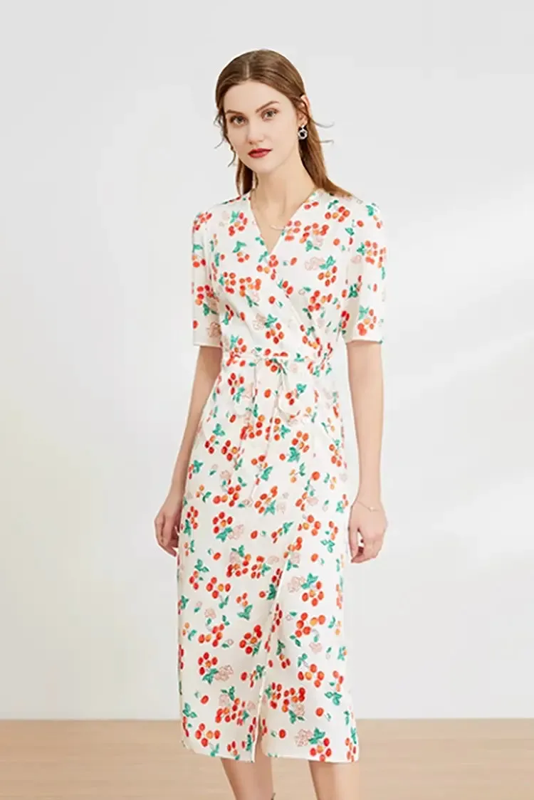 Floral Print V Neck Short Sleeve Dress