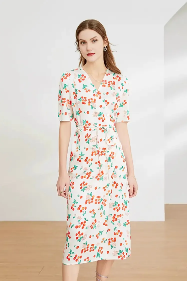Floral Print V Neck Short Sleeve Dress