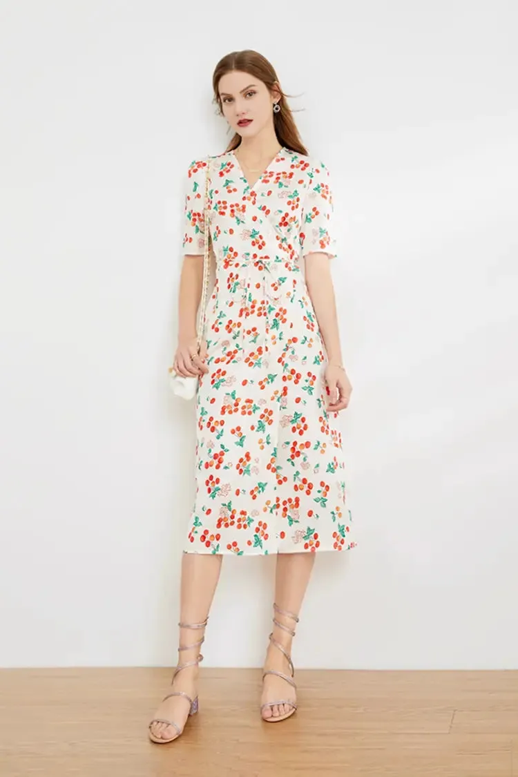 Floral Print V Neck Short Sleeve Dress