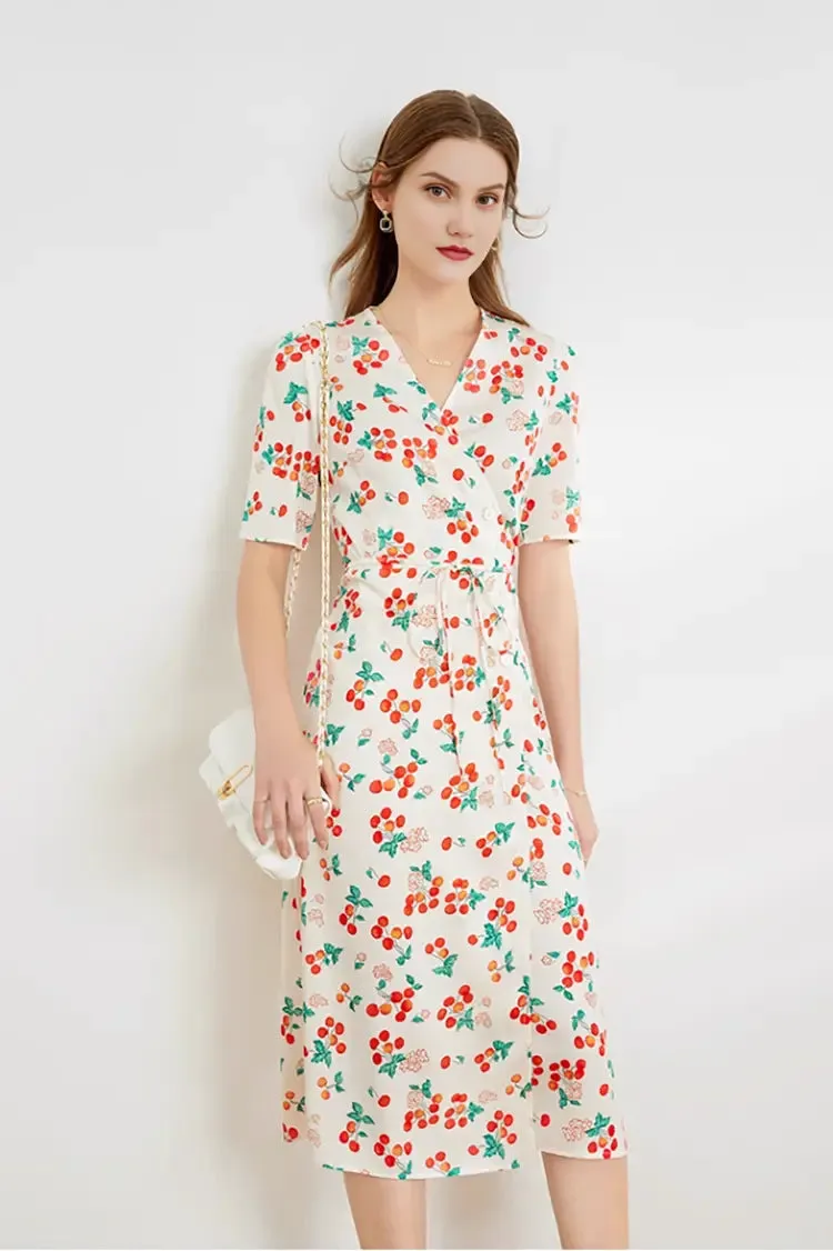 Floral Print V Neck Short Sleeve Dress