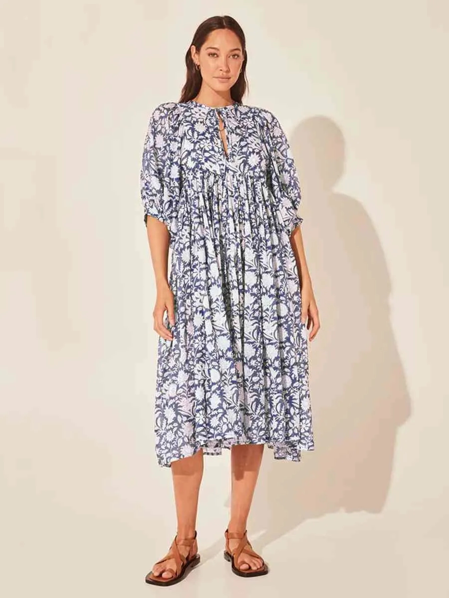Floral Tie Neck Lantern Sleeve Dress