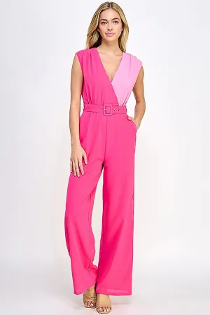 Fuchsia Sleeveless Jumpsuit With Color Block Top