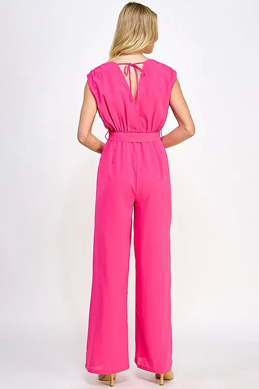 Fuchsia Sleeveless Jumpsuit With Color Block Top