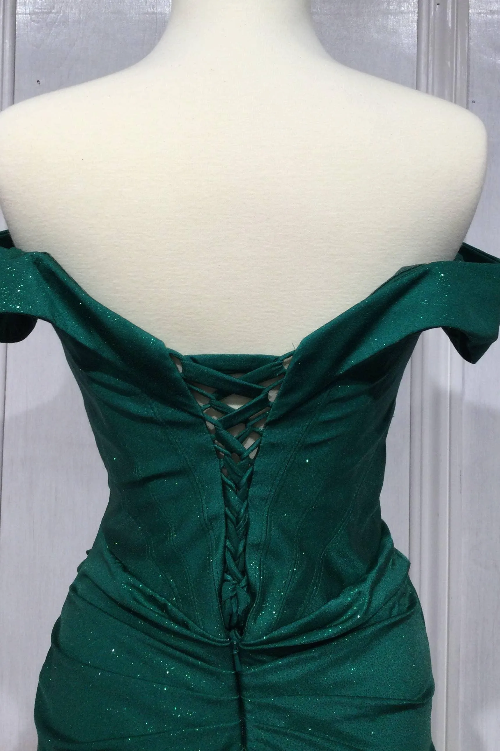 GLITTER OFF THE SHOULDER FITTED CORSET GOWN