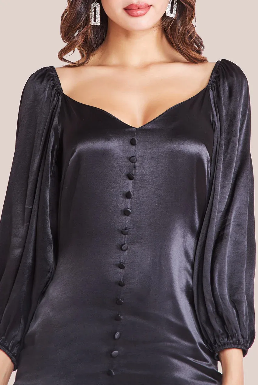 Goddiva Satin Viscose Front Buttoned Dipped Hem Midaxi Dress - Black