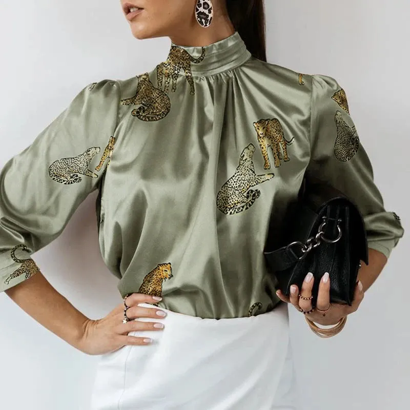High Collar Tunic Silk Satin Blouse