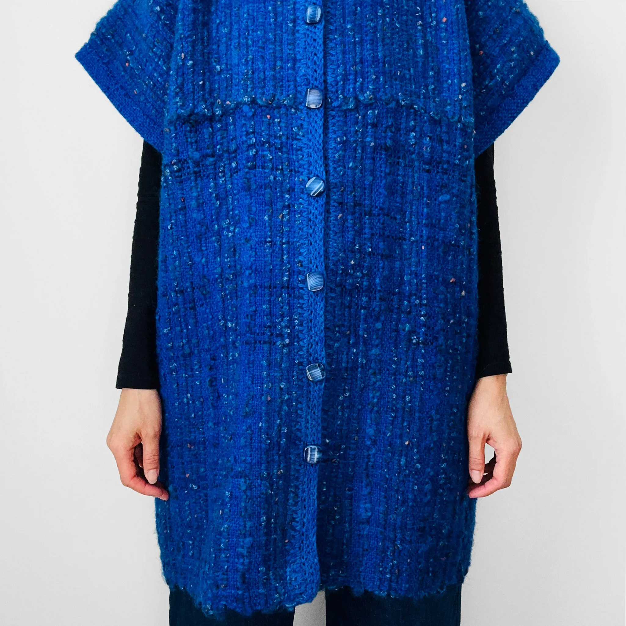 Indigo Blue Heavy Loomed Wool Button Front Sleeveless Tunic Knit Sweater Cardigan