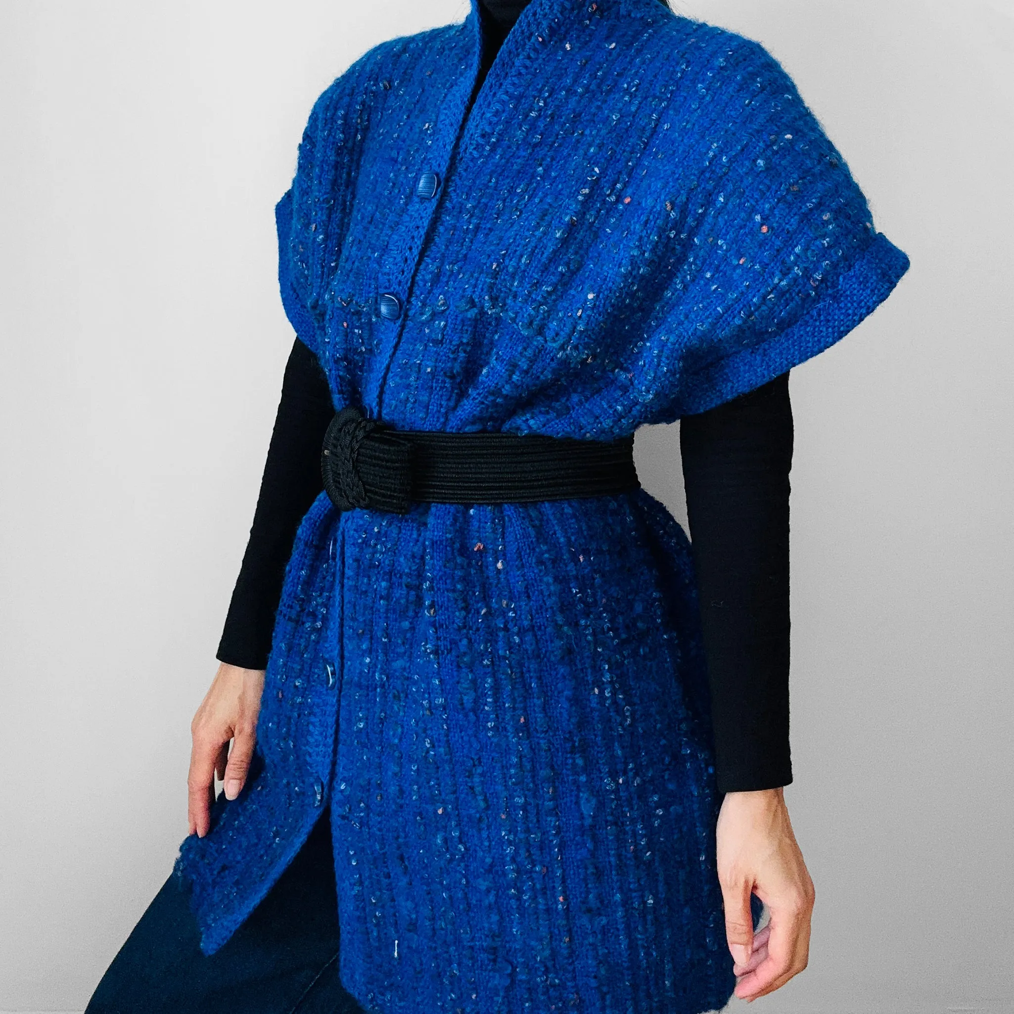 Indigo Blue Heavy Loomed Wool Button Front Sleeveless Tunic Knit Sweater Cardigan