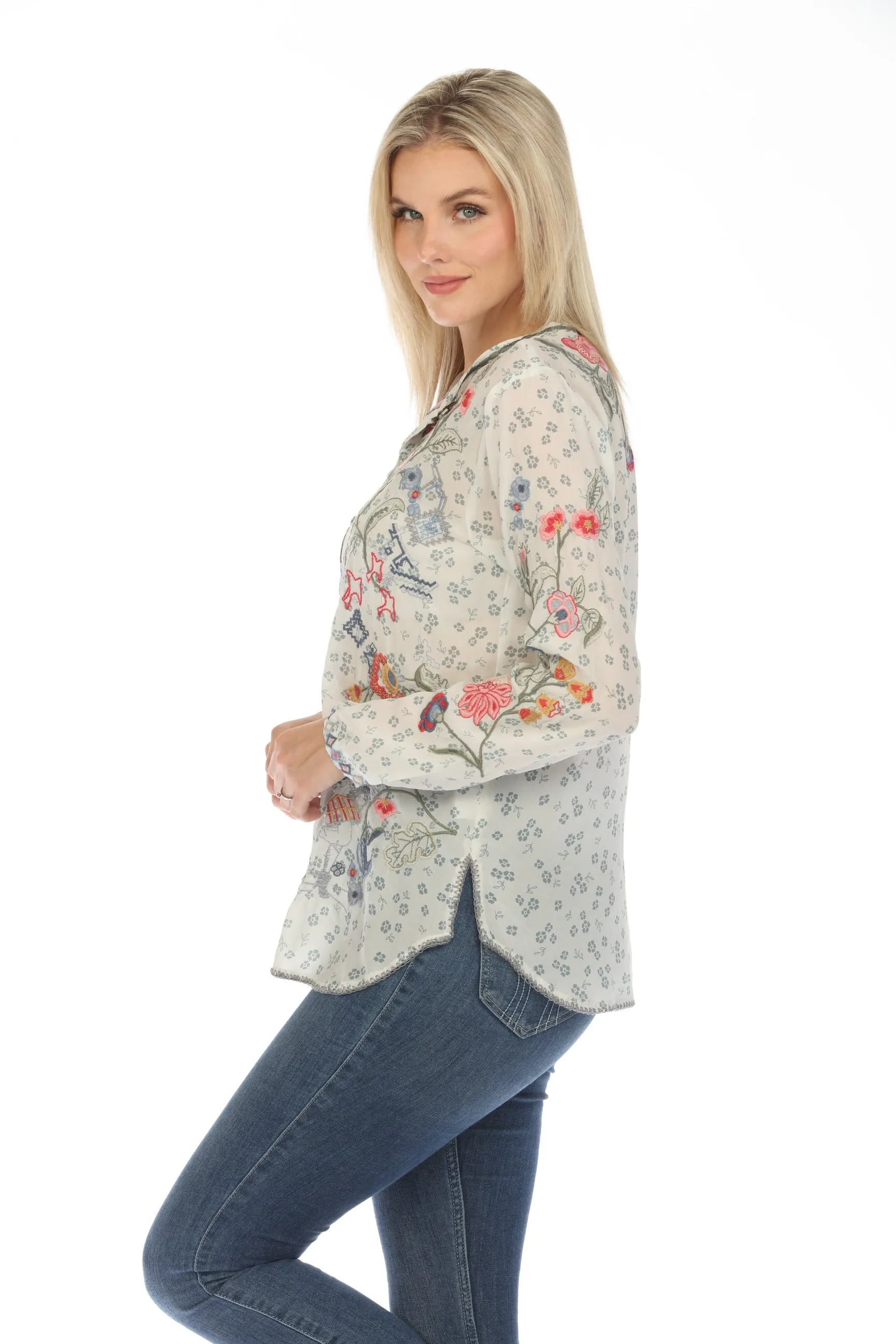 Johnny Was Biya Nya Silk Floral Blouse Boho Chic B13224A2