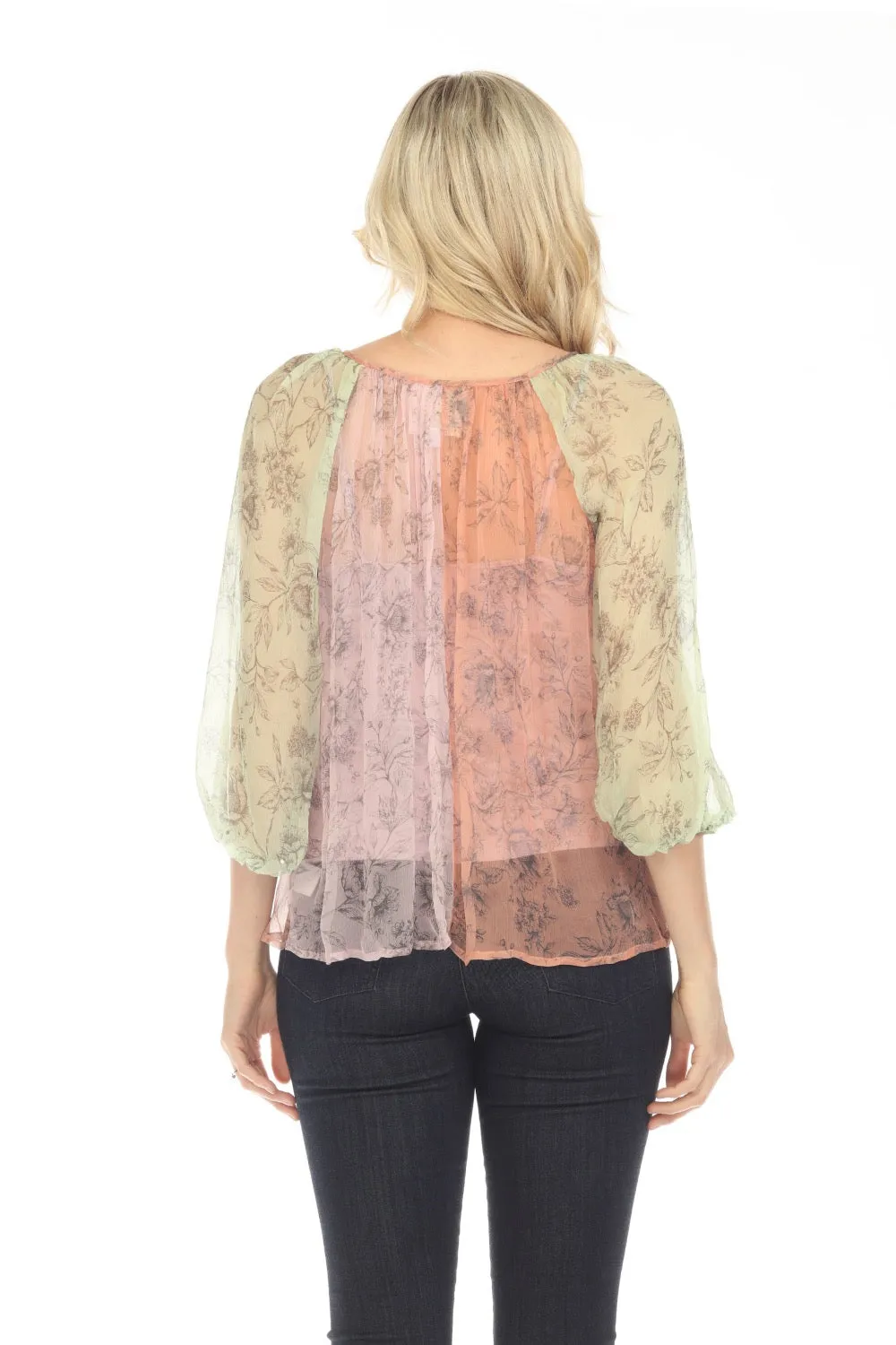Johnny Was Love Serena Peasant Silk Blocked Floral Blouse Boho Chic L14123
