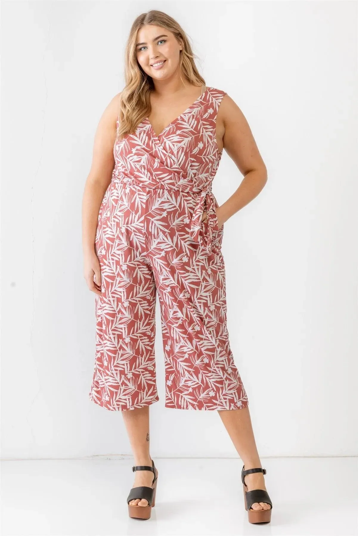 Junior Plus Brick & Off-White Tropical Two Pocket Wrap Sleeveless Jumpsuit /3-2-1