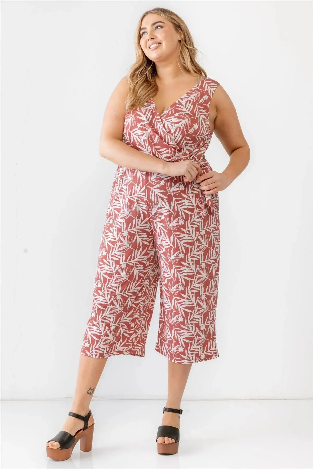 Junior Plus Brick & Off-White Tropical Two Pocket Wrap Sleeveless Jumpsuit /3-2-1