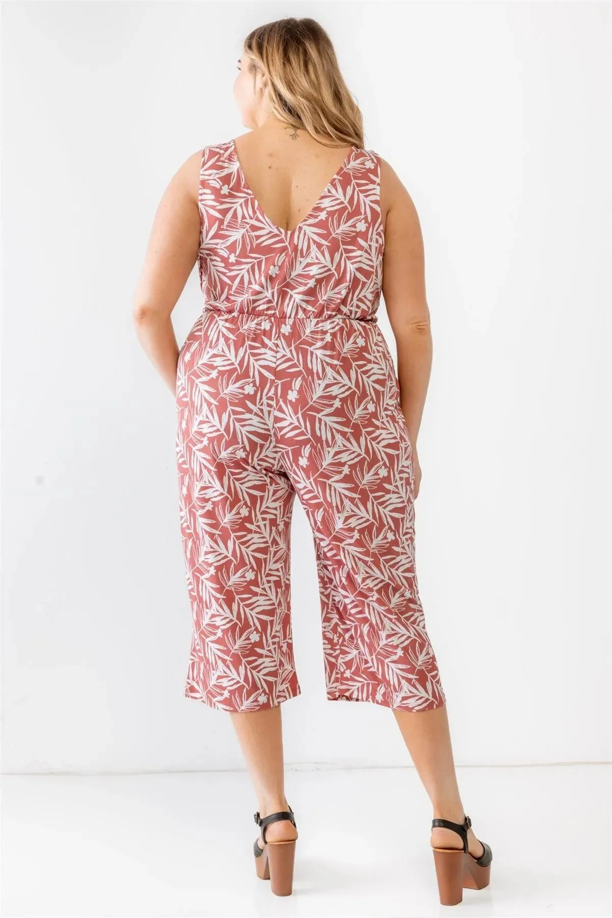Junior Plus Brick & Off-White Tropical Two Pocket Wrap Sleeveless Jumpsuit /3-2-1