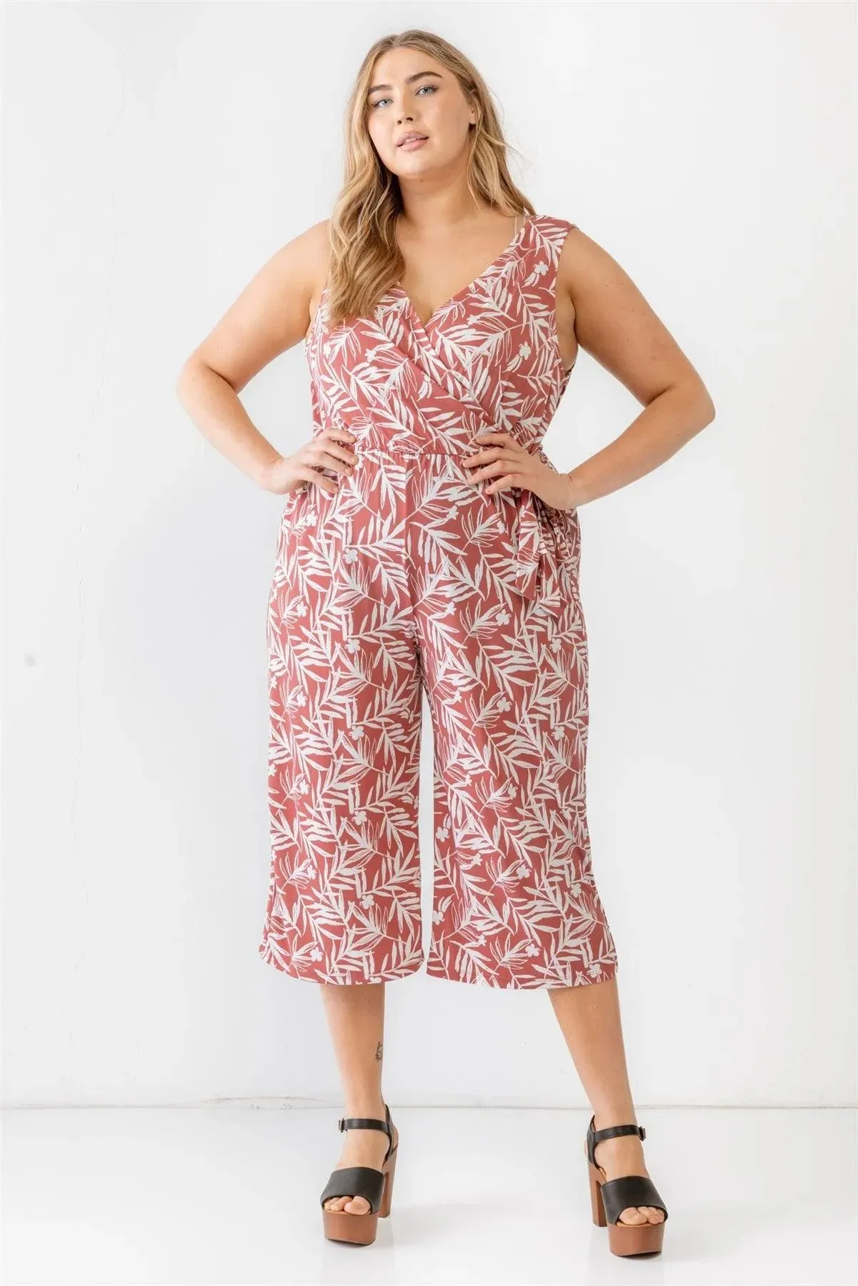 Junior Plus Brick & Off-White Tropical Two Pocket Wrap Sleeveless Jumpsuit /3-2-1