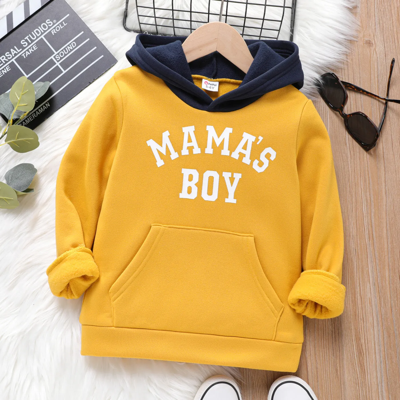 Kid Boy Letter Print Colorblock Fleece Lined Hoodie Sweatshirt