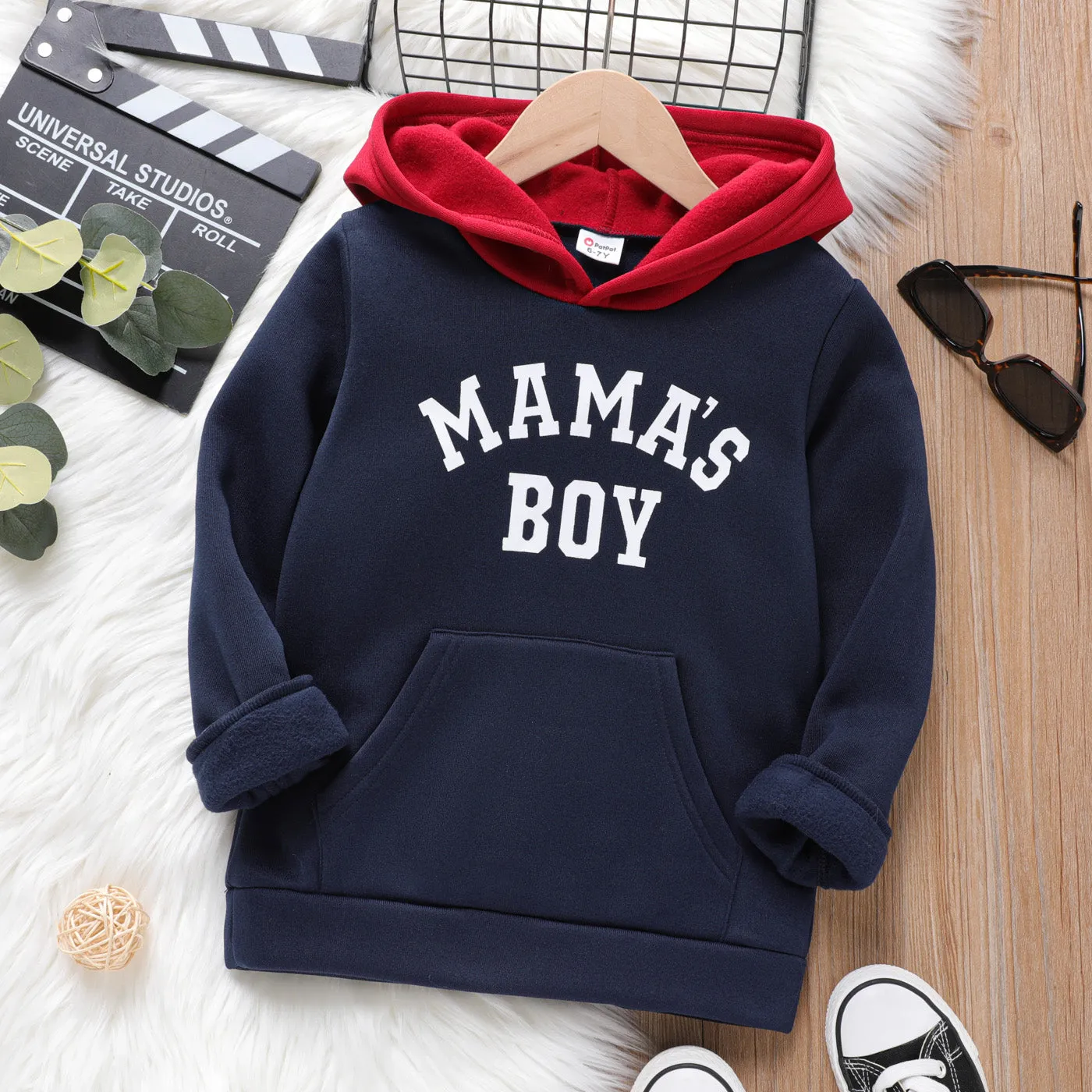 Kid Boy Letter Print Colorblock Fleece Lined Hoodie Sweatshirt