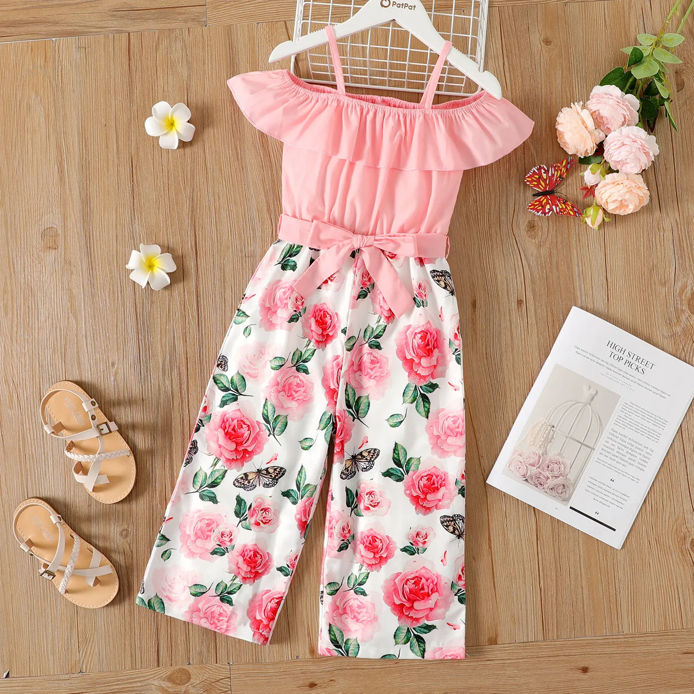 Kid Firl Floral Print Splice Flounce Belted Off Shoulder Cami Jumpsuits