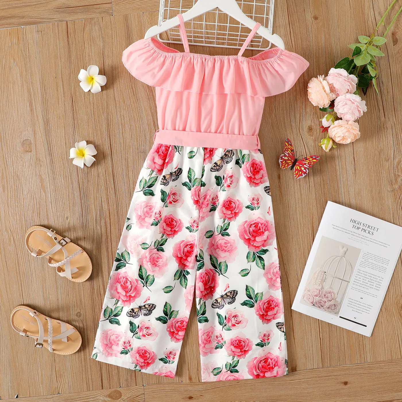 Kid Firl Floral Print Splice Flounce Belted Off Shoulder Cami Jumpsuits