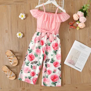Kid Firl Floral Print Splice Flounce Belted Off Shoulder Cami Jumpsuits