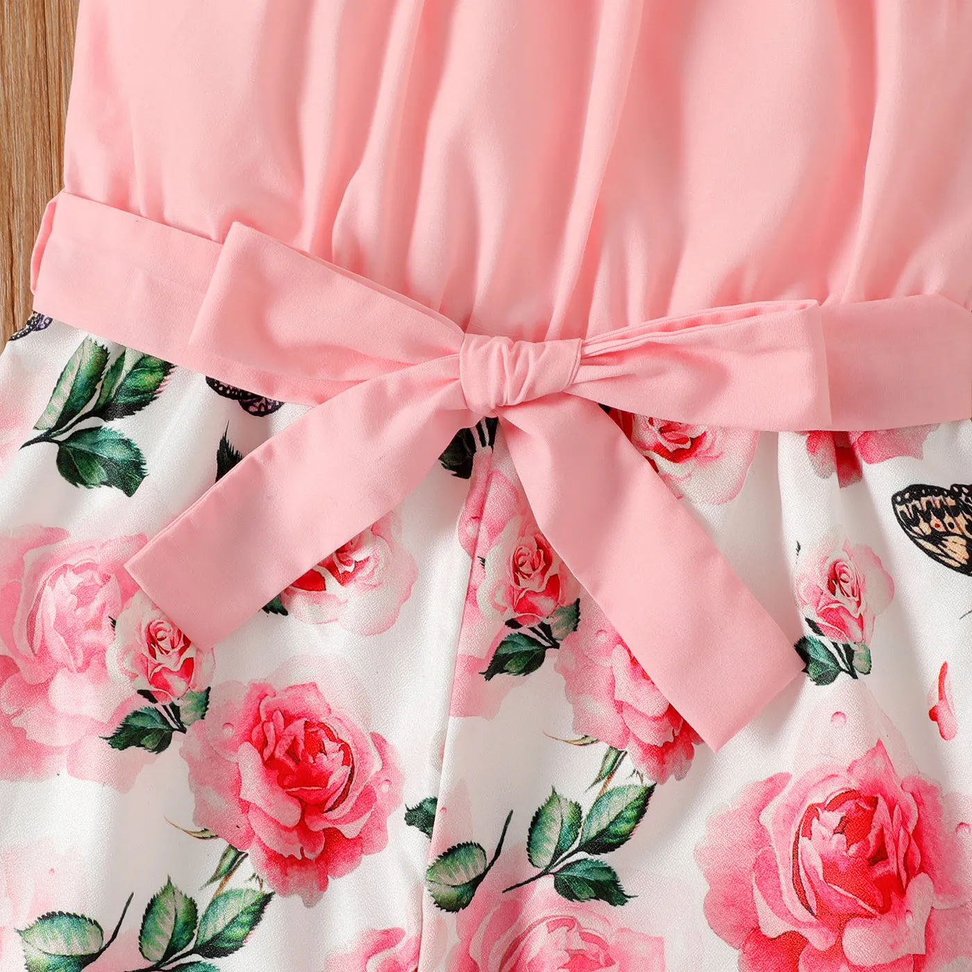 Kid Firl Floral Print Splice Flounce Belted Off Shoulder Cami Jumpsuits