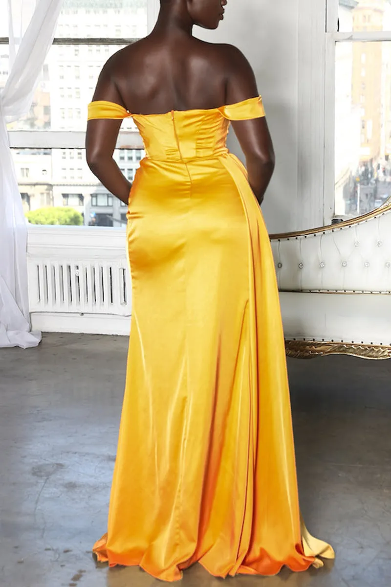 L1832 - Off-Shoulder Strapless Ruched Satin Sheath Long Formal Evening Gown