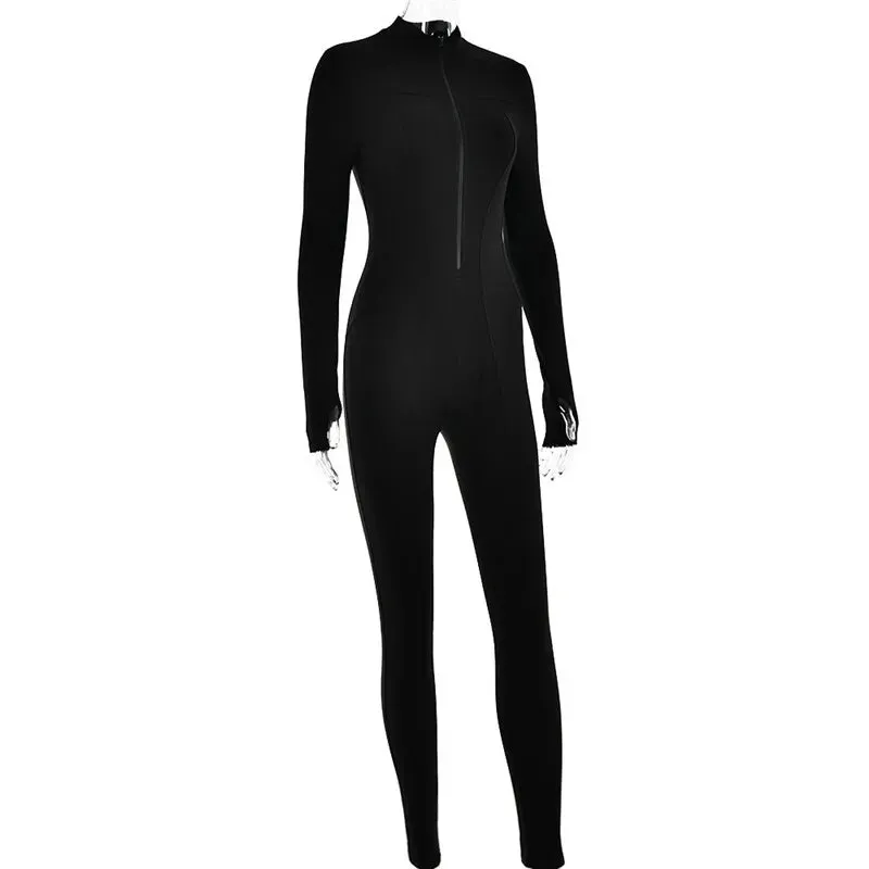 Ladies Long Sleeve Jumpsuit zipper round neck Sporty Romper  Playsuit