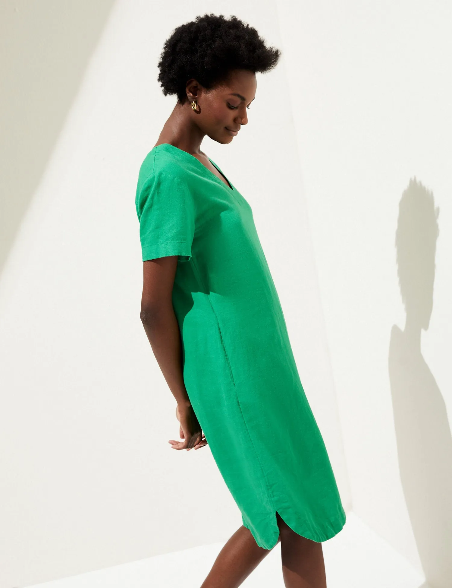Linen Rich V-Neck Midi Shift Dress