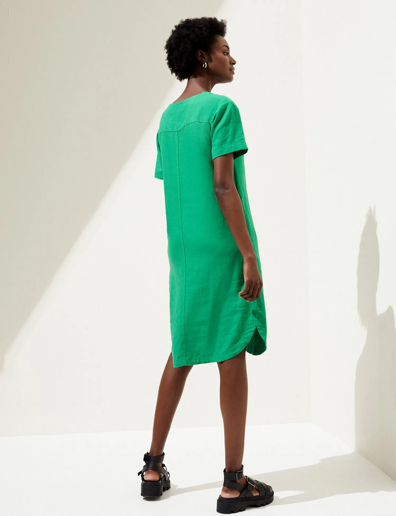 Linen Rich V-Neck Midi Shift Dress