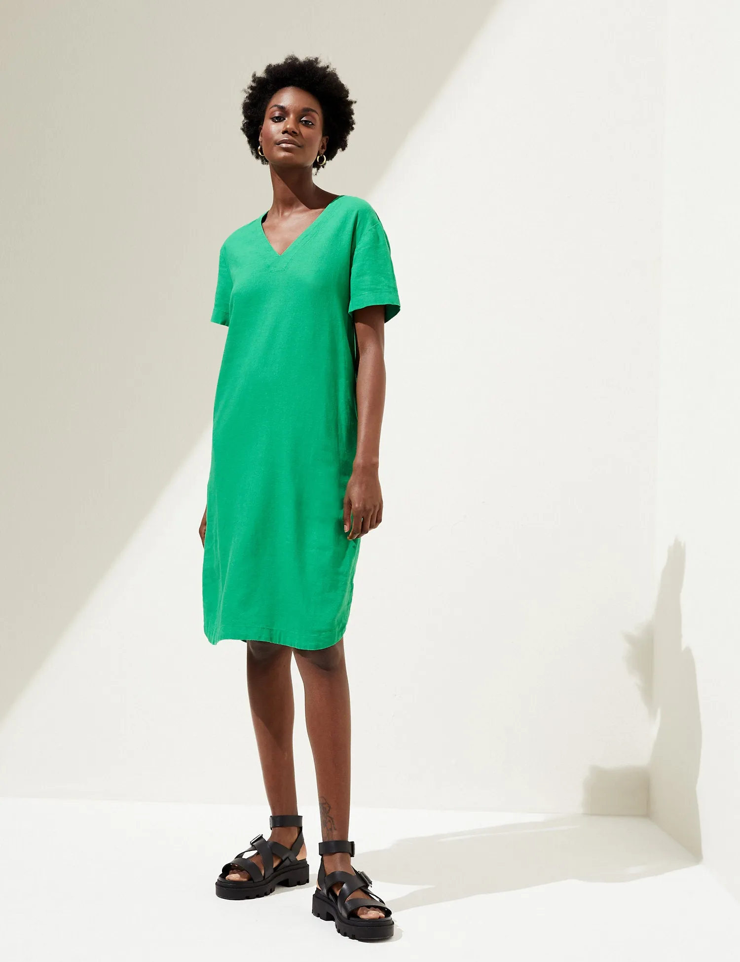 Linen Rich V-Neck Midi Shift Dress