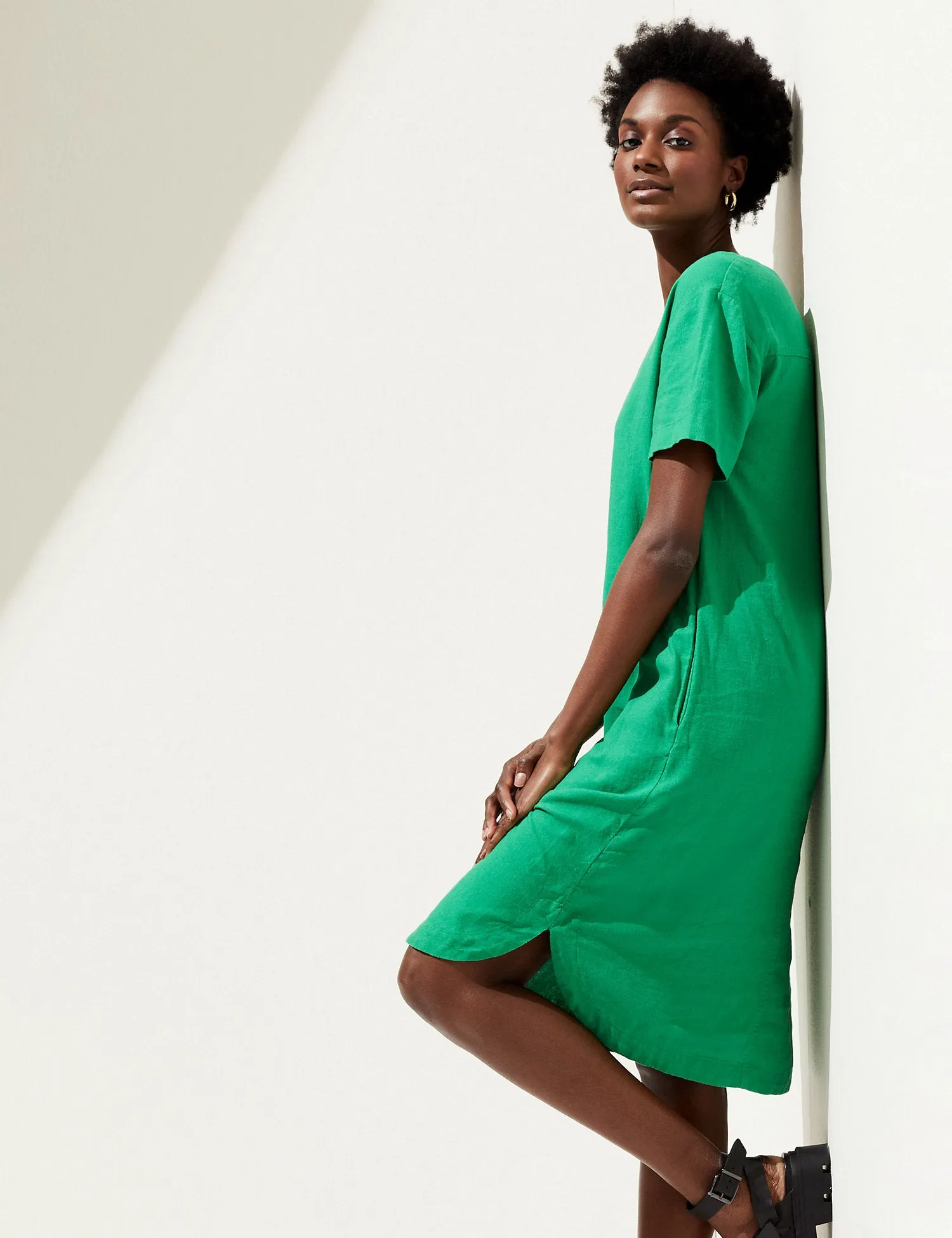 Linen Rich V-Neck Midi Shift Dress