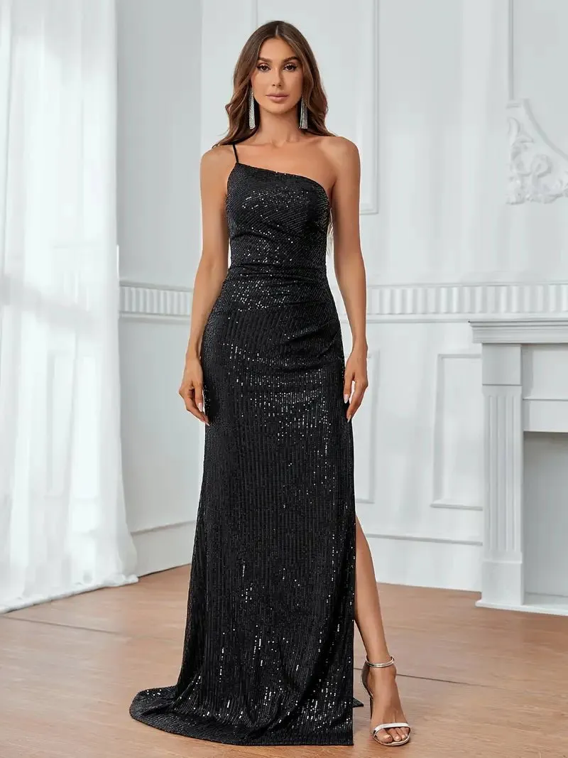 Lissa one shoulder sequin ball dress with split in black Express NZ wide